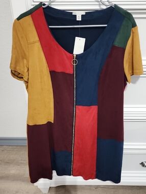 Colorblock Zip-Front Short Sleeve Dress
